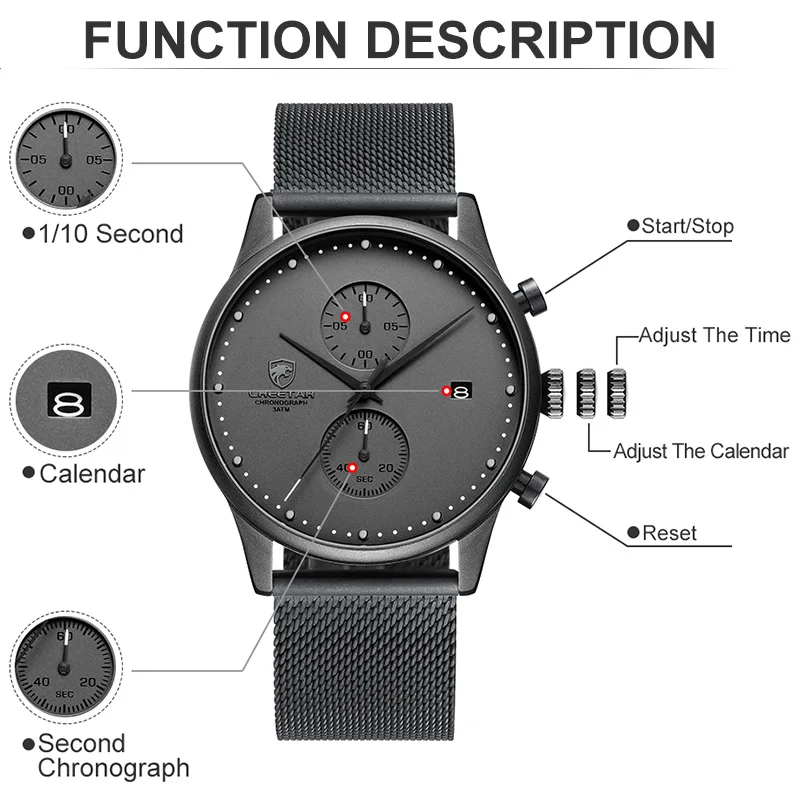 New CHEETAH Brand Men Watches Chronograph Quartz Watch Men Stainless Steel Waterproof Sports Clock Watches Business reloj hombre