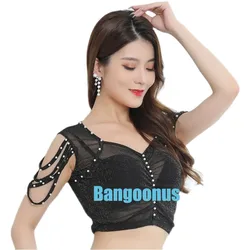 Belly dance sleeveless top sexy new exercise clothes high elastic mesh and beaded oriental dance clothes female exercise clothes