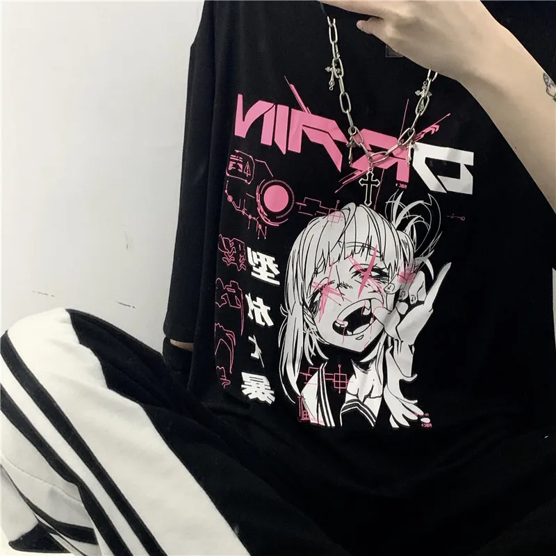 Kobiety Y2K Cartoon Top japońskie Anime Harajuku Kawaii koreański styl Punk lato z krótkim rękawem luźne ubrania Plus Size Dropshipping