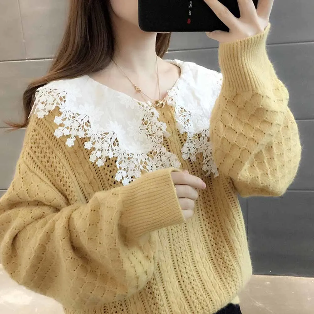 2022 Autumn Winter Vintage Lace Knitted  Women's Sweater Fashion Turn-down Collar Long Sleeve Pullovers Ladies Chic Jumper Mujer