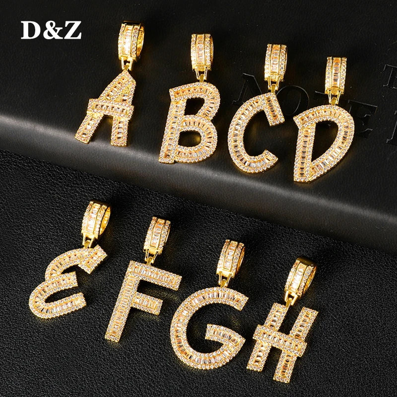 D&Z New A-Z Name Baguette Letters Pendant Hip Hop Pendant Chain Gold Silver Color Bling Zirconia Men's Hip Hop Pendant Jewelry