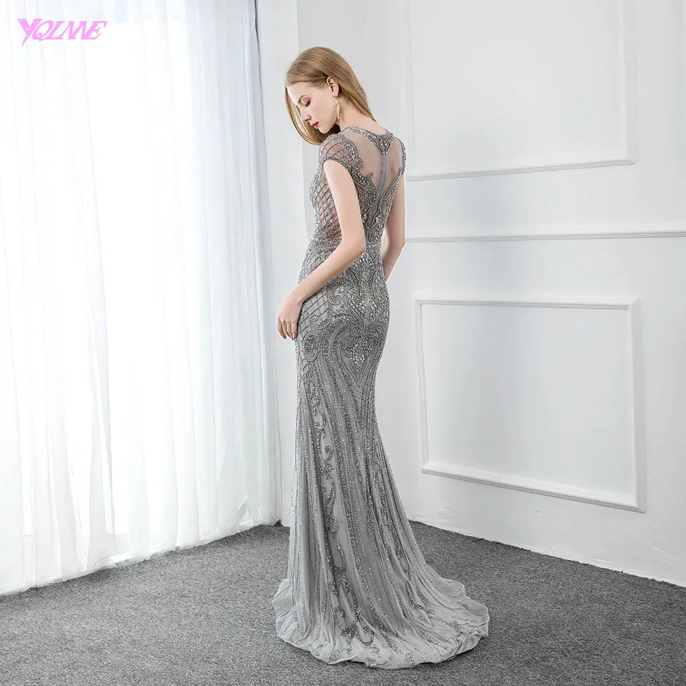 Luxury Gray Rhinestones Long Evening Dresses Mermaid Cap Sleeve Formal Evening Gown Competition YQLNNE