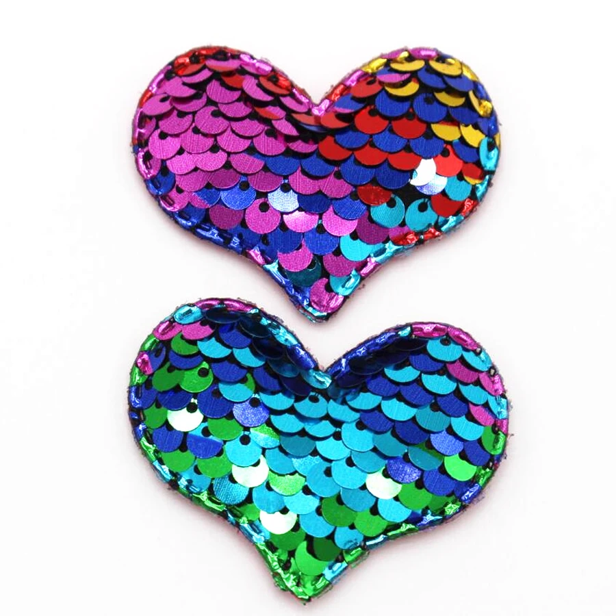 20PCS 5.5mmx 4.4mm multicolor reversible sequined heart patch hairpin glitter DIY crafts decoration mix cloth paste  aste fashio