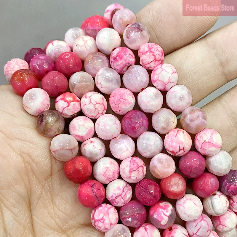 Natural Stone Red Pink Frost Cracked Fire Dragon Veins Agates Round Loose Beads for Diy Earrings Jewelry Making 15'' Strand 8mm