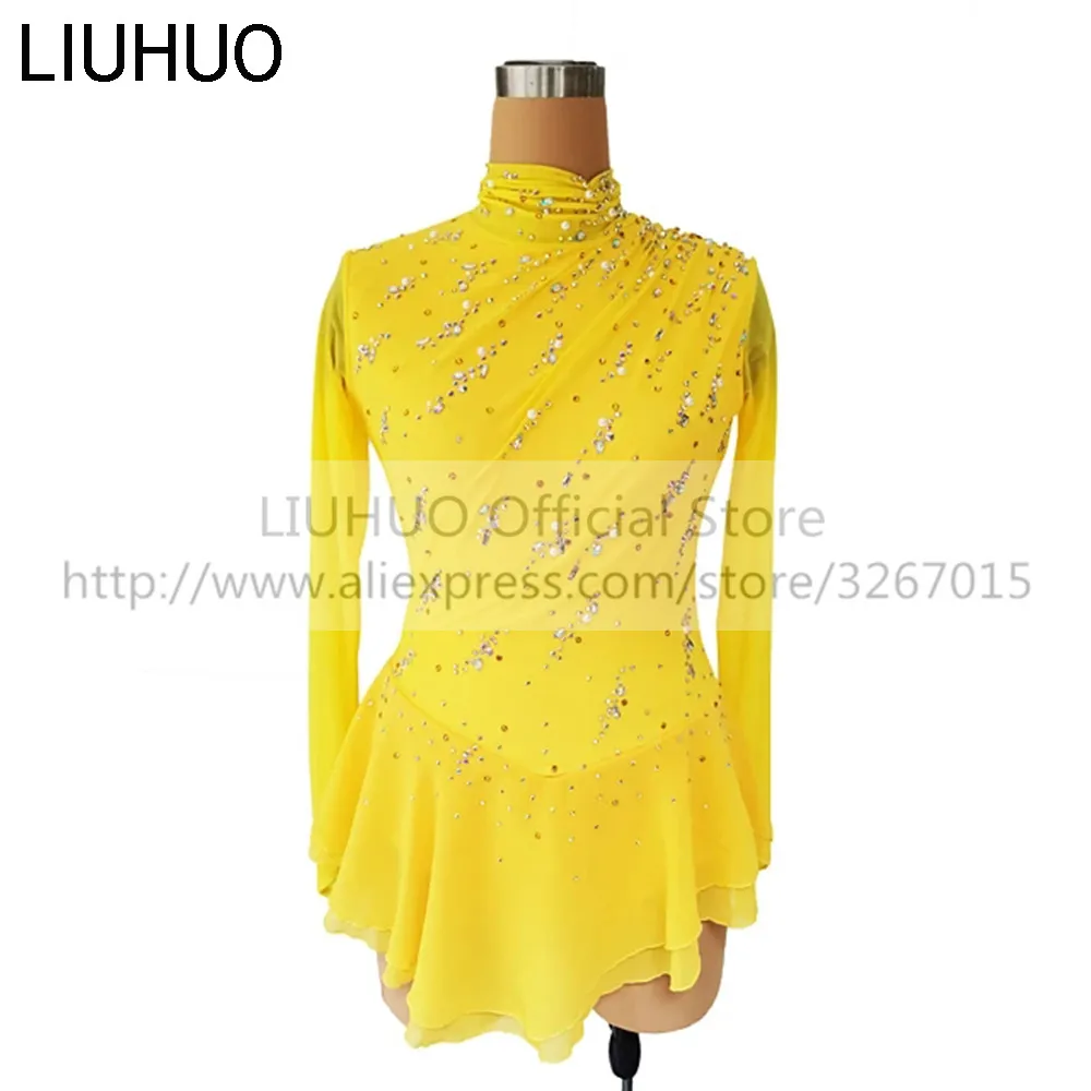 

LIUHUO Women's Girls' Adult Performance Long Sleeve Rhythmic Gymnastics Competition Leotard Ice Figure Skating Dress Yellow Kid