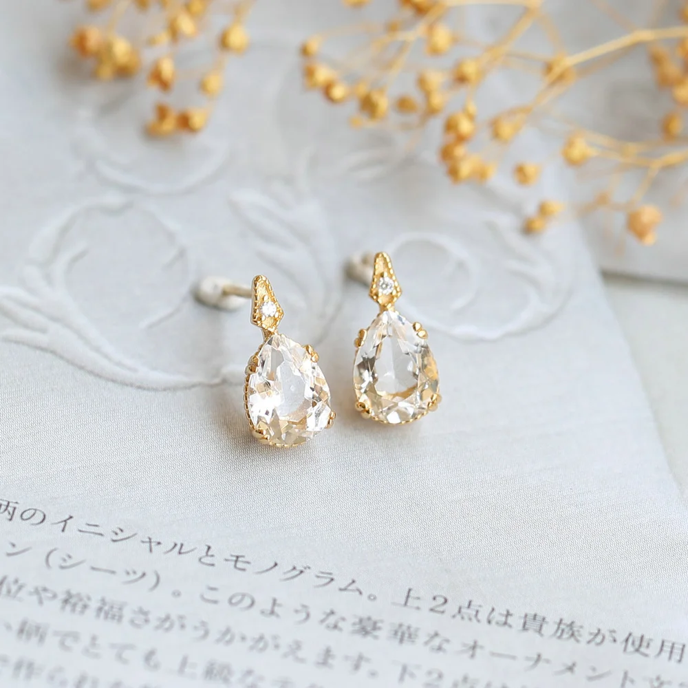 LAMON Vintage 925 Silver Stud Earring For Women Water Drop Natural Clear Crystal 14K Light Gold Plated Fine Jewelry LMEI155