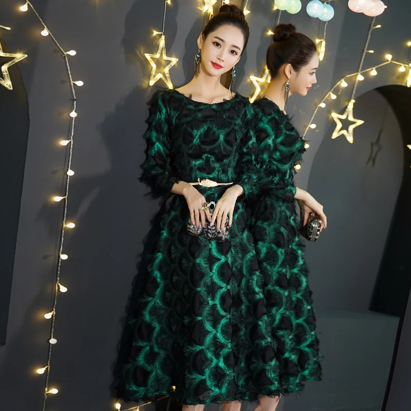 Elegant Long Sleeve Evening Dresses A- line Tea-Length Lace Green Formal Gown The Bride Dresses