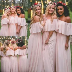 Plüsch Rosa Brautjungfer Kleider 2022 EINE Linie Weg Von Der Schulter Chiffon-Outdoor Garten Bohemiuan Maid Of Honor Kleid Hochzeit Gast gehen