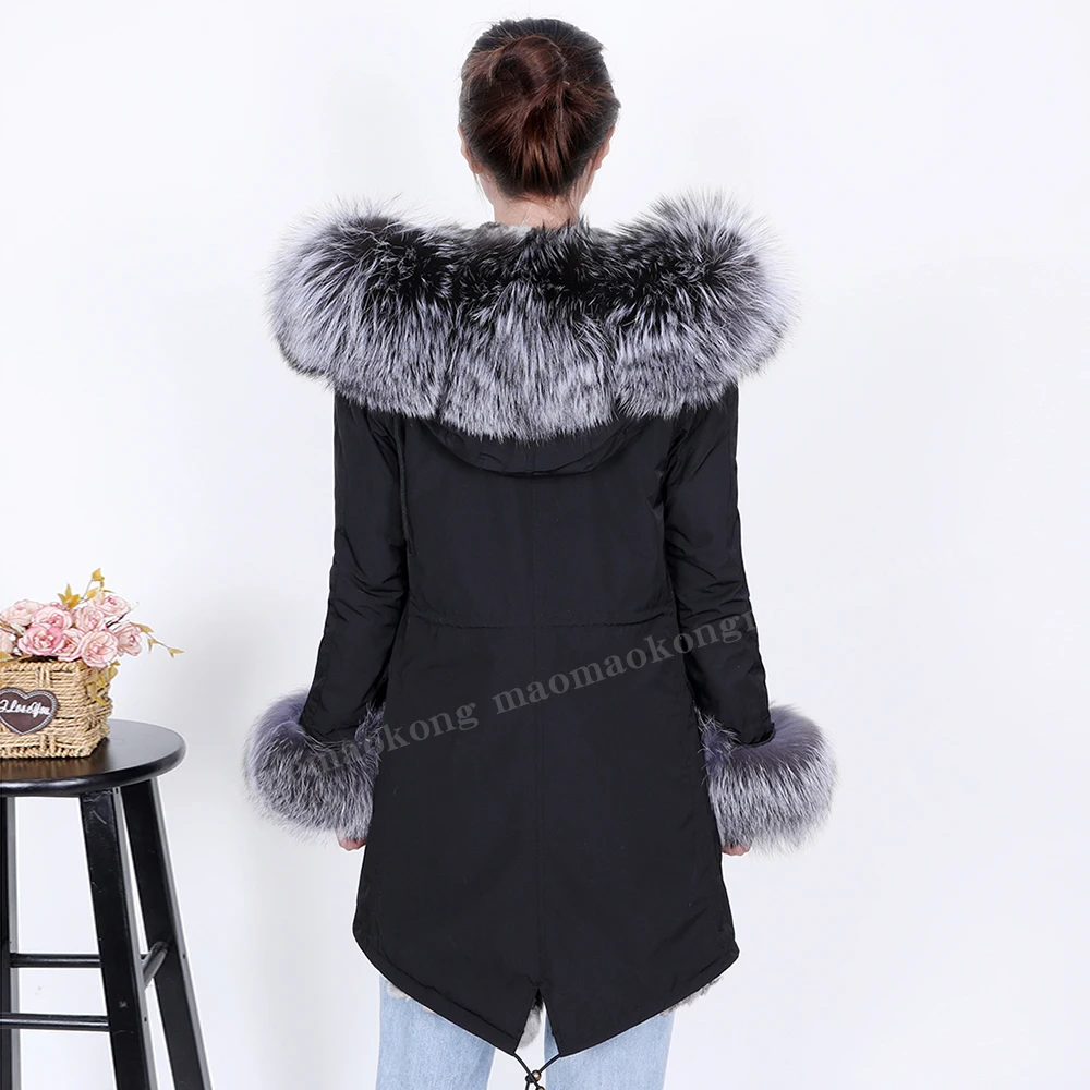 2024 Maomaokong New Winter Women's Fur Natural Real Rabbit Fur Lining Silver Fox Fur Collar Warm Parka Coat Black Long Coat