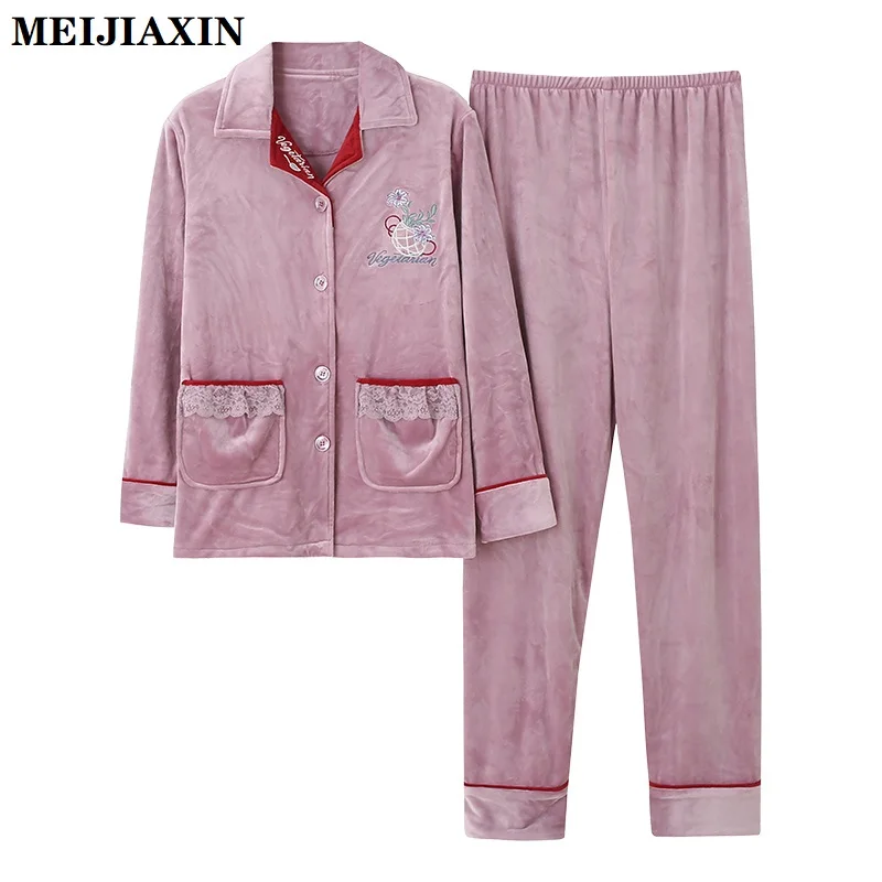 

Winter Thick Warm Women Coral Fleece Sleepwear Suit Floral Pajamas Long Sleeve Turn-down Casual Soft Female Pyjamas