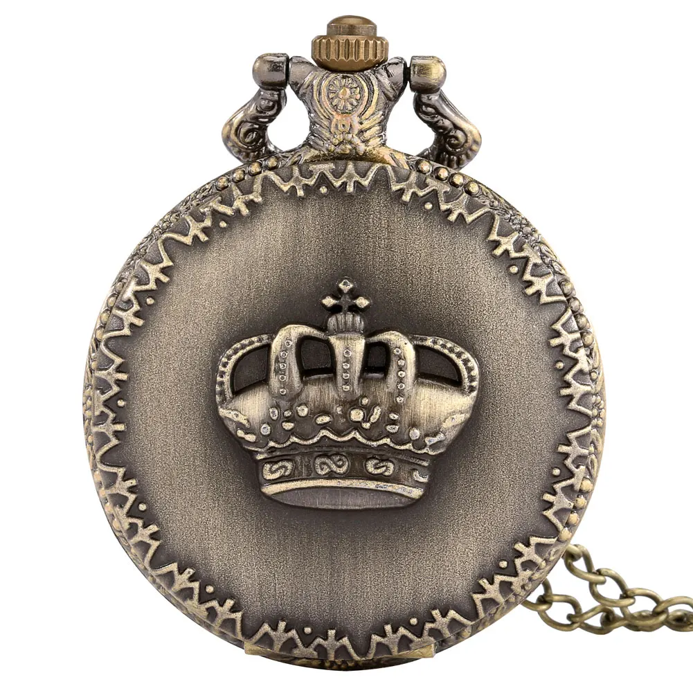 Retro Embossed Crown Design Quartz Pocket Watch Bronze  Clamshell Pendant Sweater Chain Necklace Gifts for Men Women