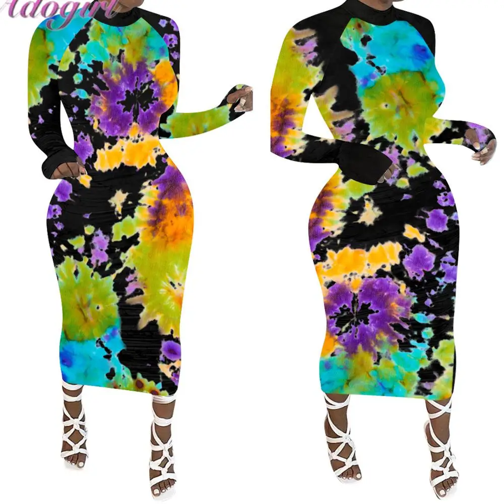 sexy Tie Dye Graffiti Print Long Sleeve Bandage Evening Party Club Long Dress Women Antumn Casual Street Maxi Dresses Vestidos