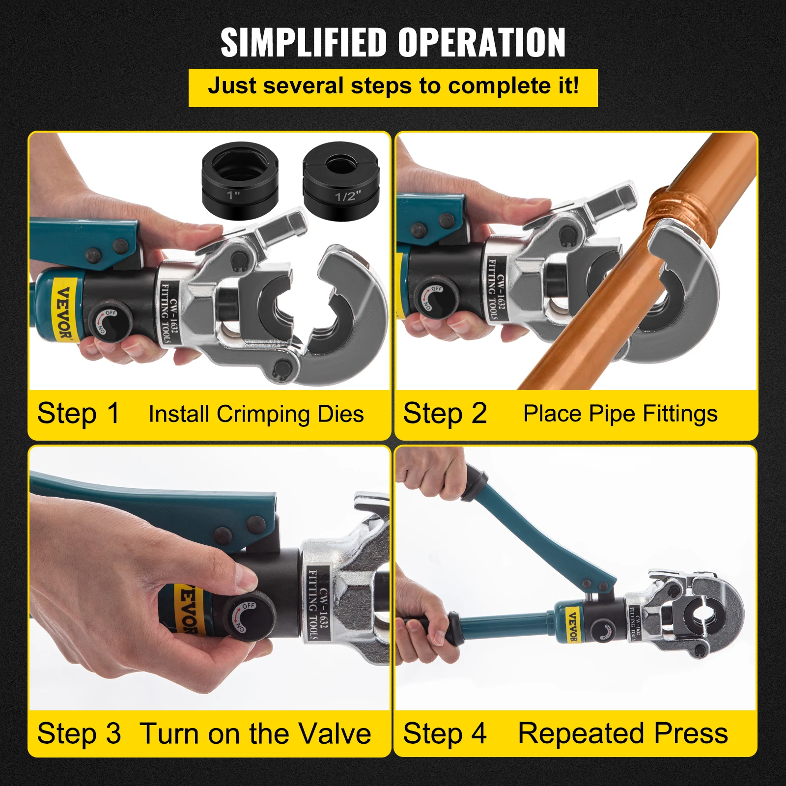 VEVOR Kit di utensili idraulici per pressatura di tubi in rame idraulico 8T 10T manicotti in rame raccordi per tubi pinza per piegatore con 3 ganasce 1/2-1 pollici
