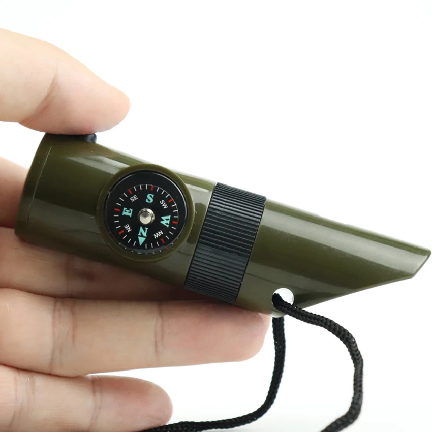 7 In 1 Mini SOS Survival Kit Camping Survival Whistle with Compass Thermometer Flashlight Magnifier Tools Outdoor Hiking Gear