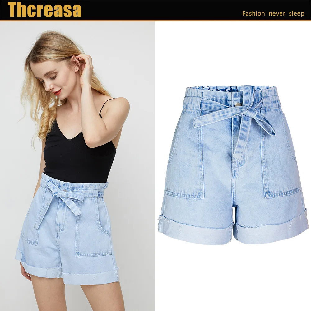 

European Station Solid Color Broad-legged Cowboy Shorts Woman Loose Waist Loose Curly High Waist Cowboy Shorts