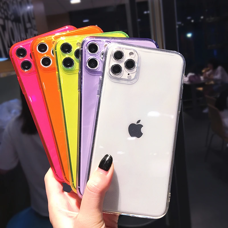 Fashion Fluorescent Solid Color Phone Case For iPhone 16 Pro Max 15 14 13 12 11 XR X XS 7 8 Plus SE 2020 Soft Transparent Cover