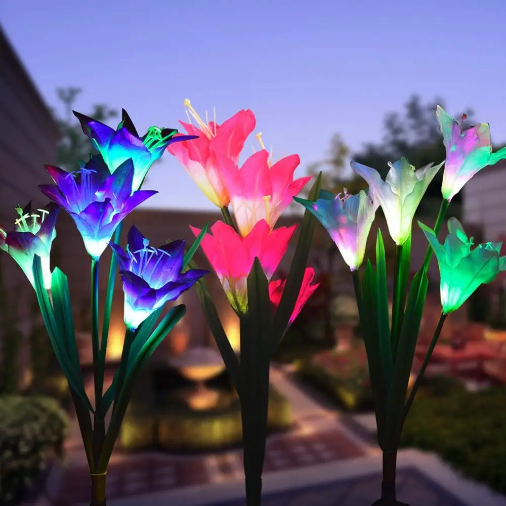 Outdoor Solar Powered 3 Pcs Stake Lights Lily Flower Shaped Multi-Color LED Landscape Lighting for Garden Patio Lawn Yard