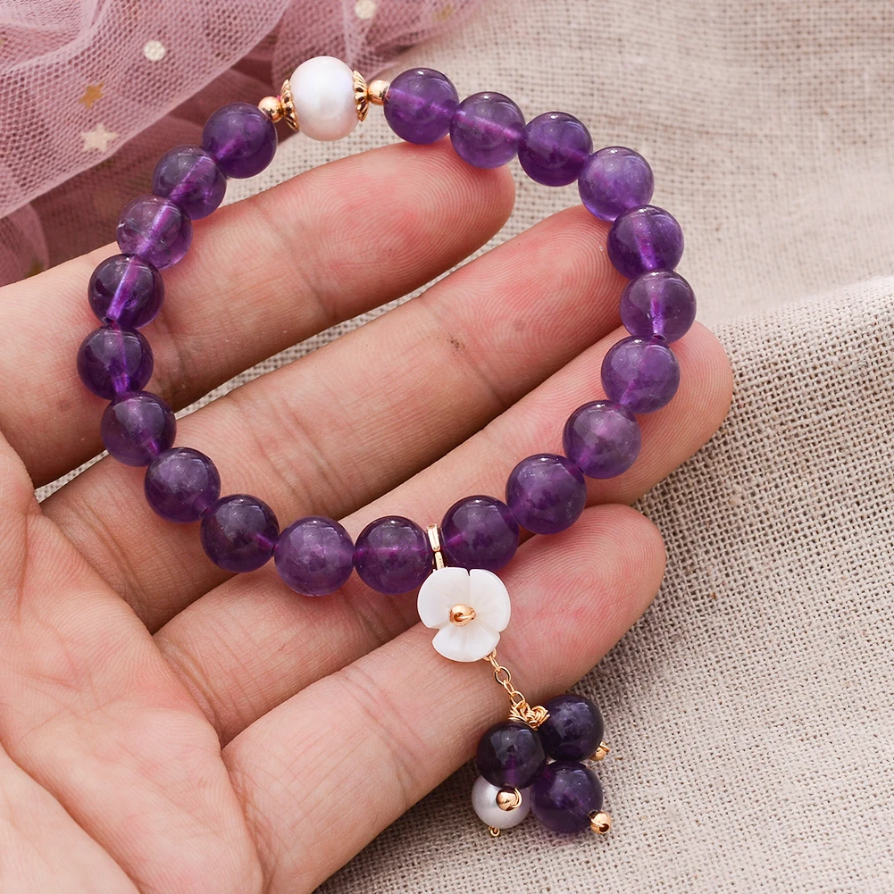 Original Handmade 14K Gold Filled Natural Amethyst Freshwater Pearl Flower Ladies Bracelet Promotion Jewelry For Women Gift