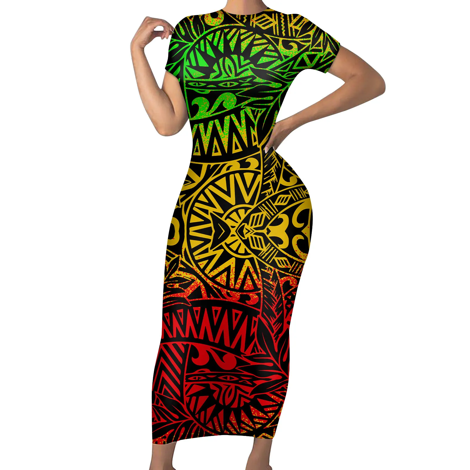 2022 Low Price Custom Women's Vintage Dress Polynesian Tribal Rasta Color Background With Sunrise Pattern Ladies Newest Dress