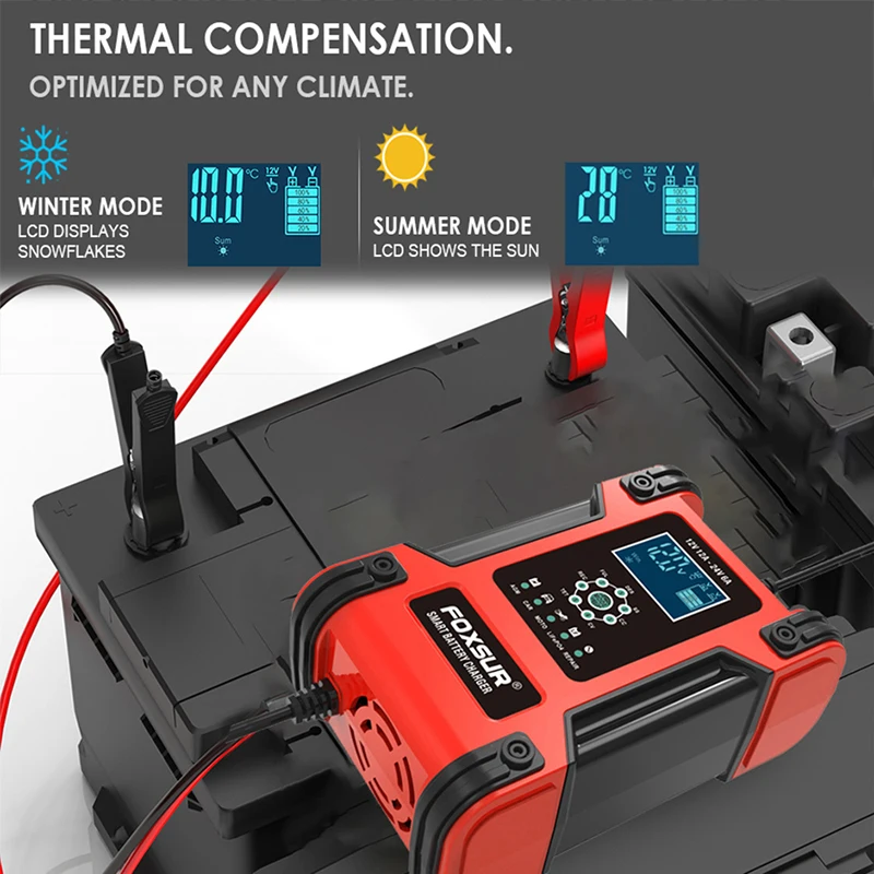 FOXSUR 12Amp Pulse Repair Charger, LiFePO4 Motorcycle & 12V 24V Car Battery Charger, AGM Deep cycle GEL EFB Lead-Acid Charger