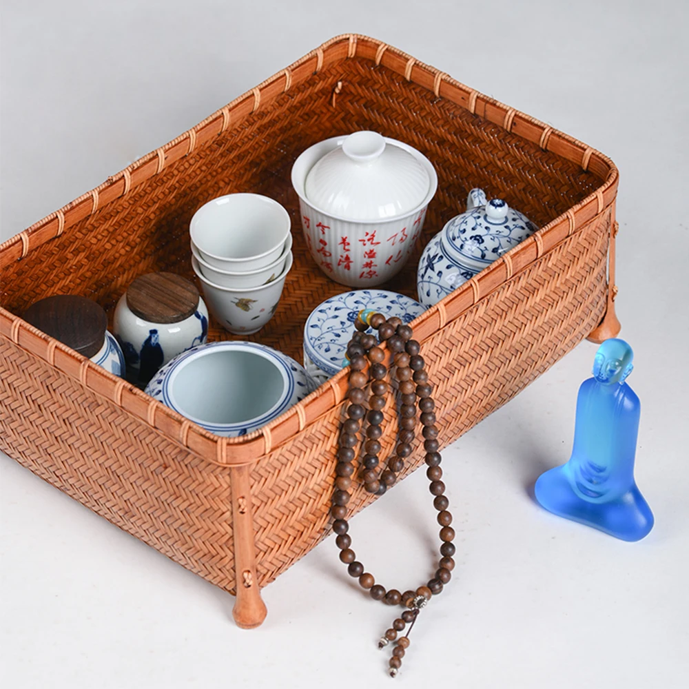 

Japanese Style Handmade Weave Natural Bamboo Storage Box For Fruit Snacks Bread Nuts Durable Tea Set Storage Basket Container