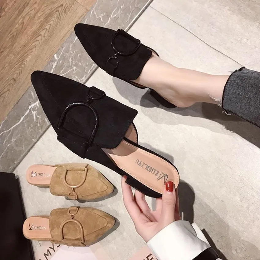 Zapatos de mujer a la moda, zapatillas puntiagudas informales con hebilla y tacón bajo, novedad de verano 2019