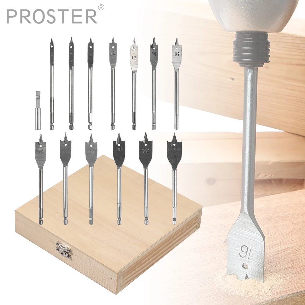 Proster 13pcs/set Wood Drill Bit Set with Wooden Box Drill Chuck Woodworking Tools 150mm Length 6-25mm Spade Flat Hex Shank Bits