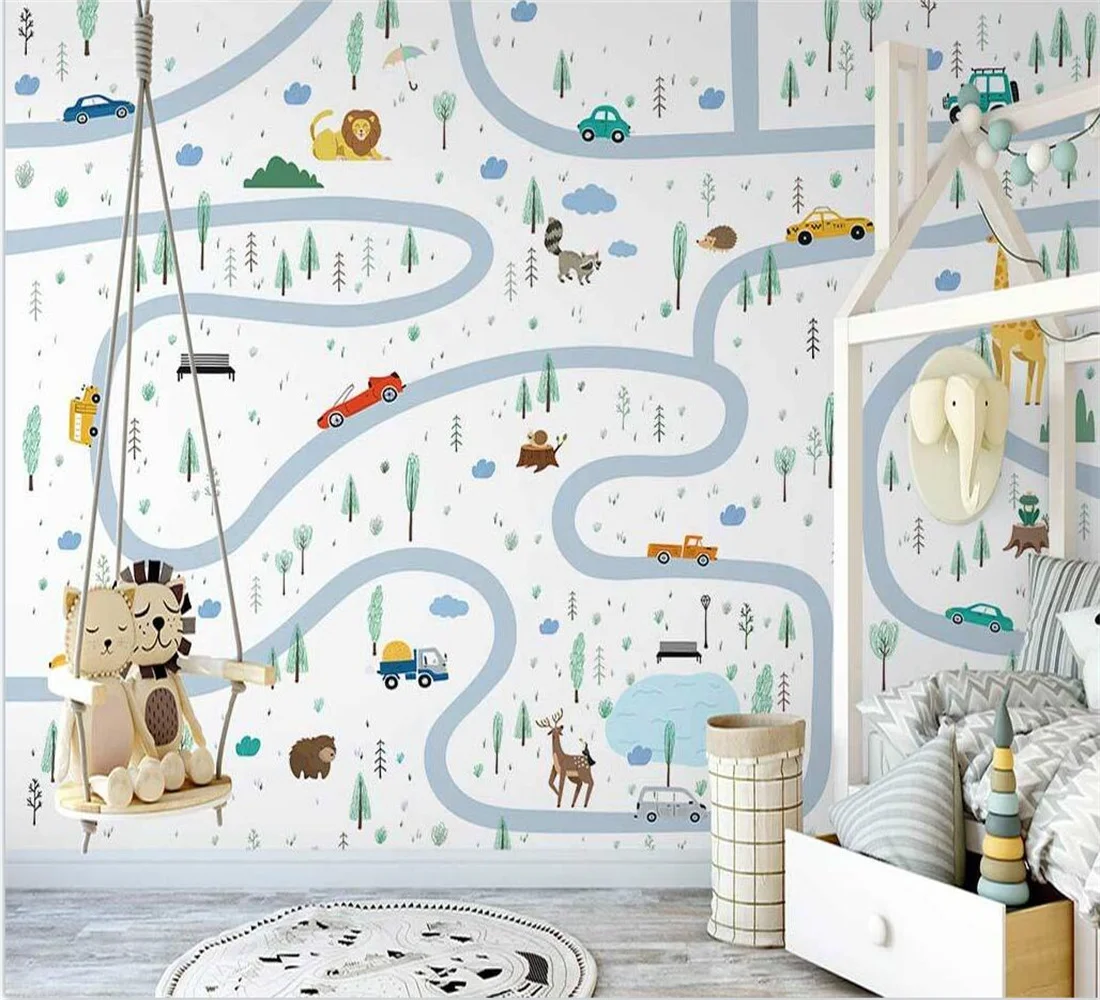 papel de parede 3d nordic hand-painted cartoon road car cartoon animal paradise children's room background wall 3d wallpaper