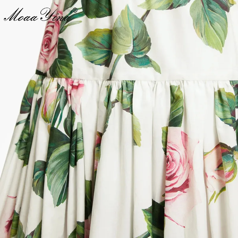 MoaaYina Summer Women Rose Floral-Print Elegant Cotton skirt