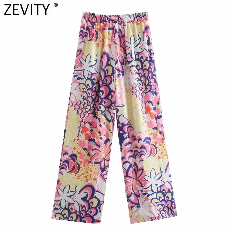 Zevity 2021 Women Vintage Color Match Floral Printing Casual Wide Leg Pants Retro Female Chic Pockets Summer Long Trousers P1144