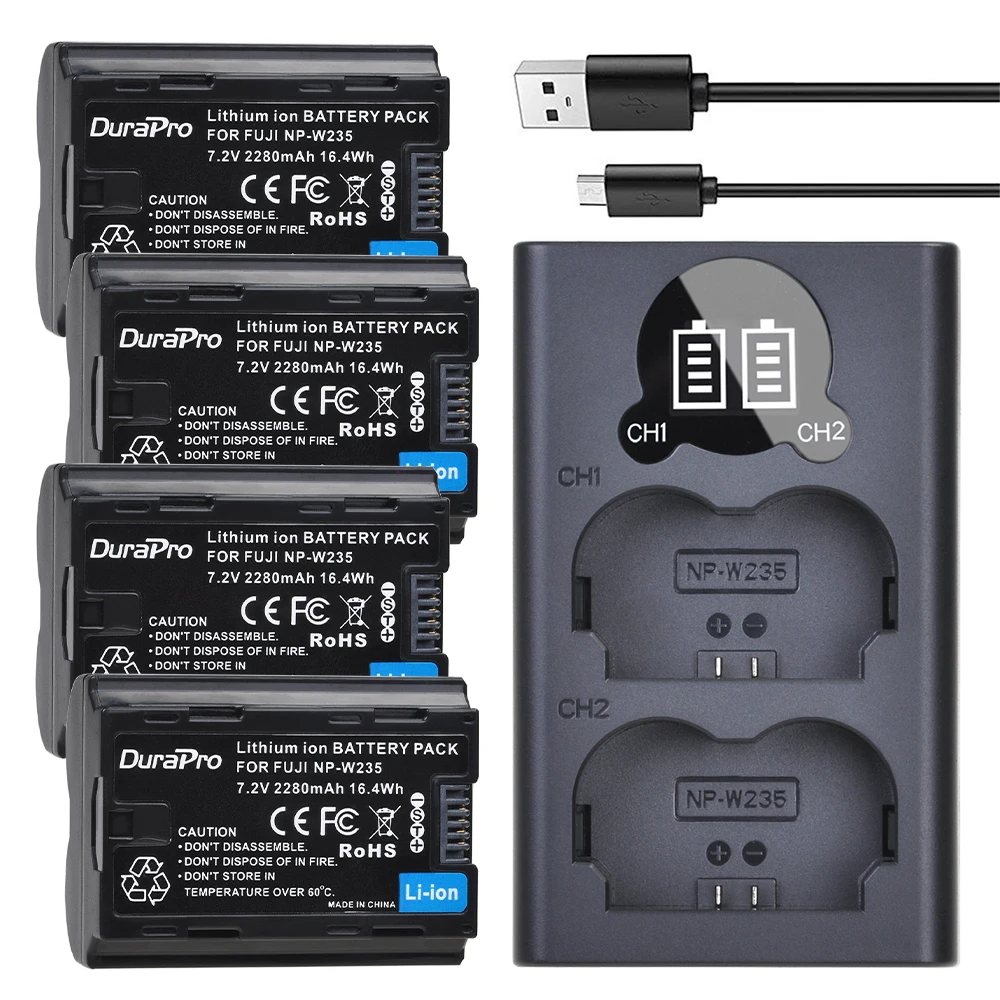 DuraPro 2280mAH 7.2V NP-W235 Bateria NP W235 Battery + Dual Charger with USB cable for Fujifilm Fuji X-T4, XT4 Digital camera
