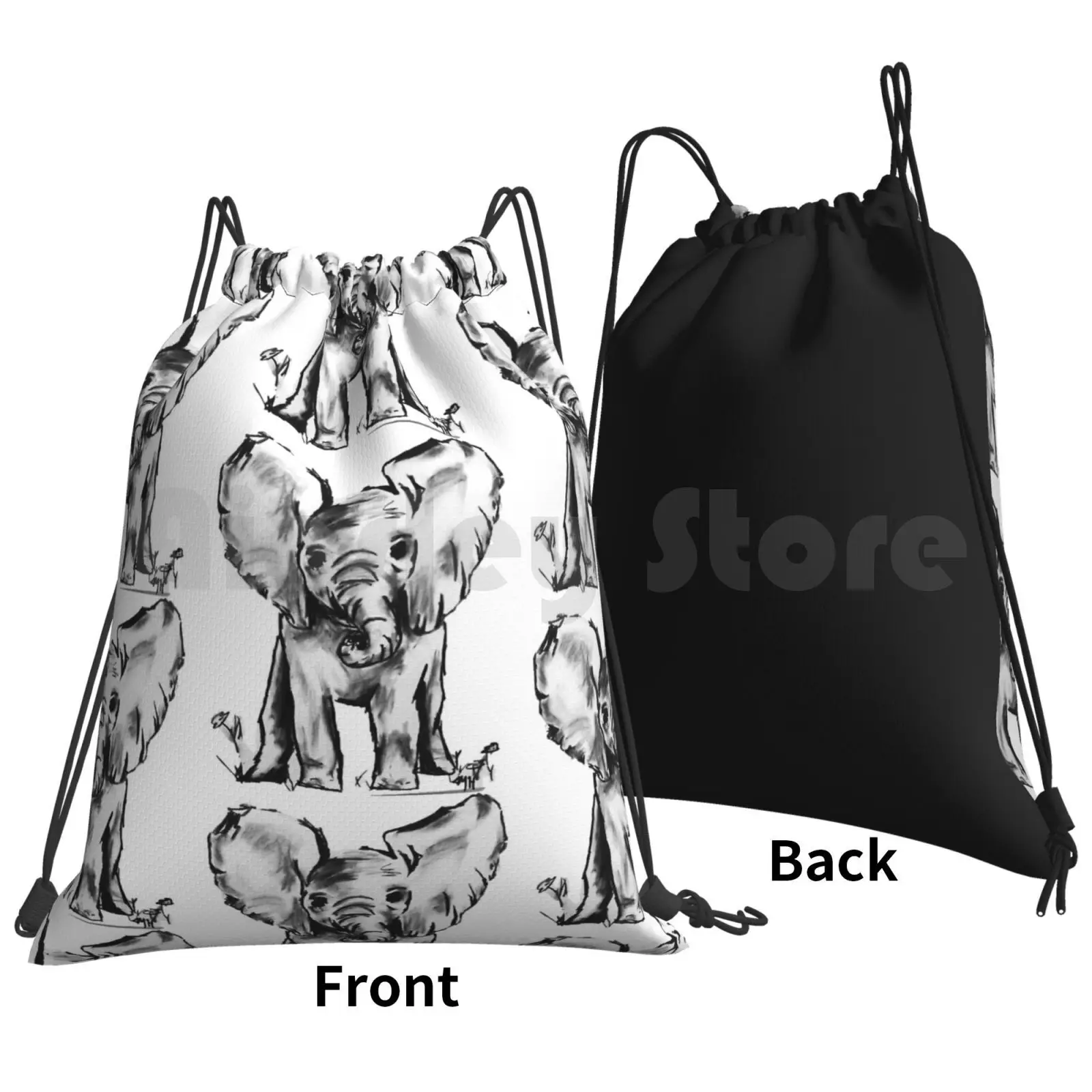 Black And White Elephant Backpack Drawstring Bags Gym Bag Waterproof Elephant Baby Animal Cute Adorable Black And White