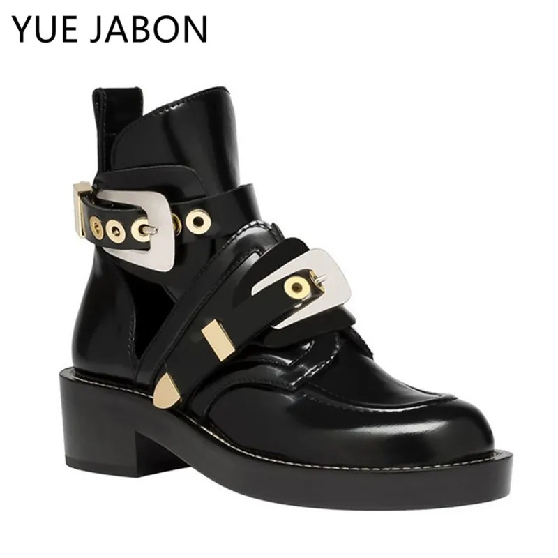 British Style Women Boots Silver Gold Buckle Strap Women Boots Double Buckle Ankle Boots Cut out Punk Ladies Shoes 2023