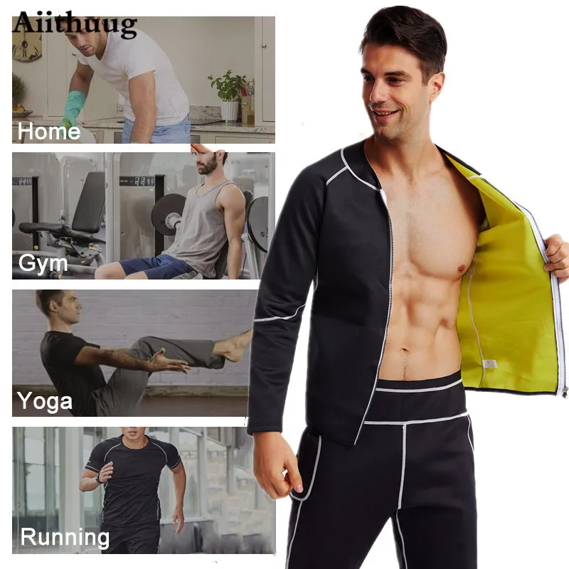 Aiithuug Slim Sets Sauna Suit for Men Sweat Jacket Long Sleeve Workout Sauna Shirts Zipper Neoprene Gym Slimming Top Body Shaper