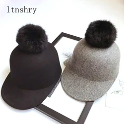 New Winter Keep warm Wool Felt Hats Women Wool Fedoras Hat Retro Equestrian Knight Caps Female Rabbit Fur Ball Baseball Cap