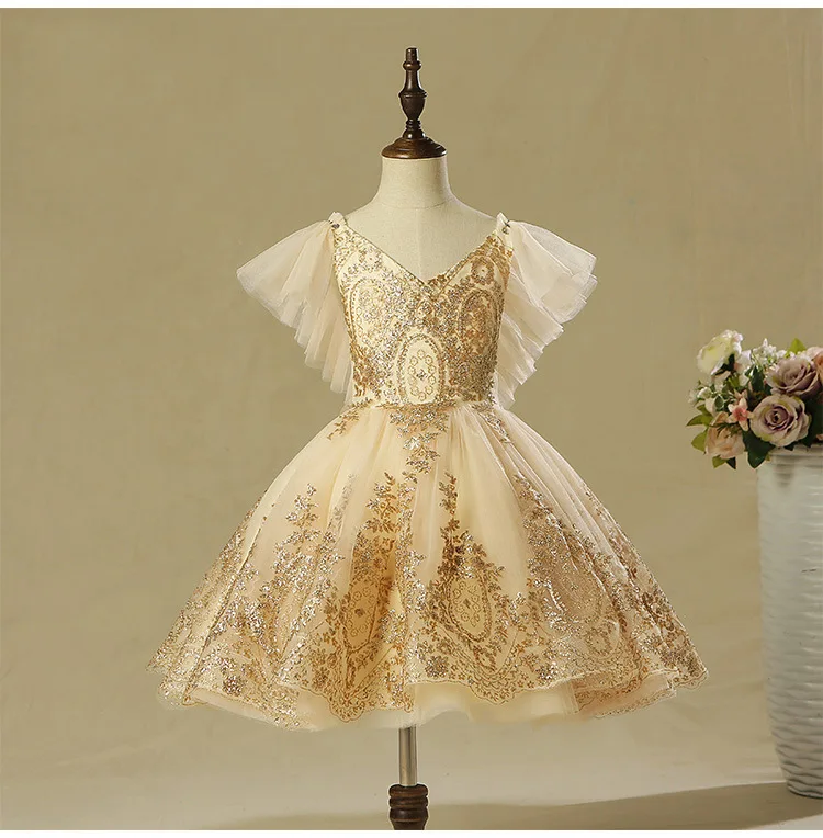 Golden Sequin Lace Baby Girl Dress 1 Year Birthday Party Gown Newborn Baptism Dress Toddlers Girl Newborn Girl Christening Dress