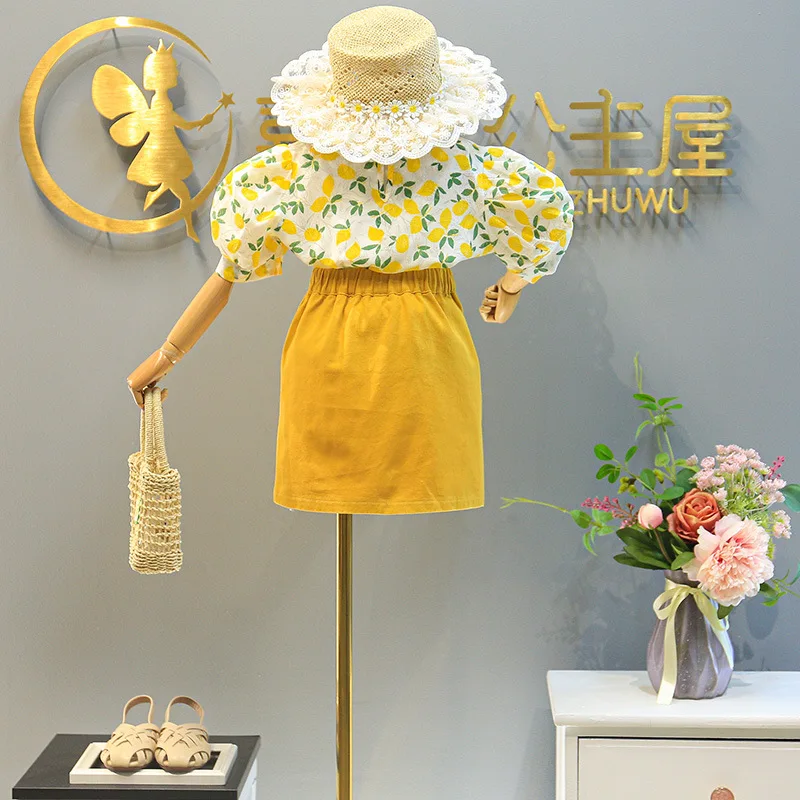 New Fashion Summer Girl Clothing Suit Country Style Floral Puff Sleeve Top + Belt Denim Skirt Two-Piece Suit Children\'S Clothing