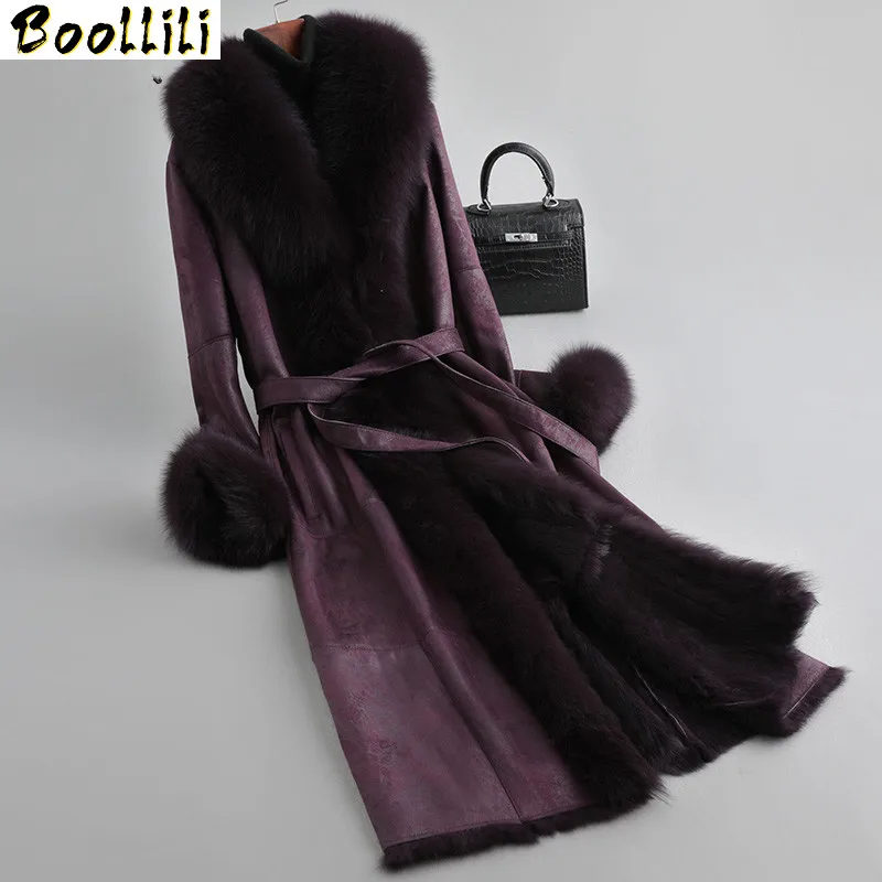 

Winter Jacket Boollili Women Double Faced Real Fur Coat Female Luxury Rabbit Fur Jackets Fox Fur Collar Real Leather Jacket