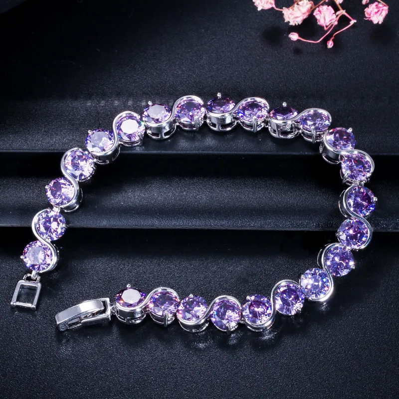 ThreeGraces New Trendy Purple Cubic Zirconia Crystal Round Link Chain Bracelet for Women Wedding Banquet Jewelry Gift   BR130