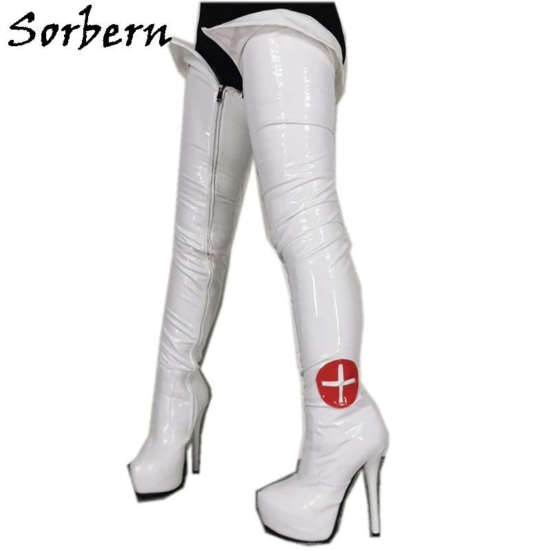 Sorbern Nurse Cosplay Slim Fit Boots Women Sexy White Long Crotch Thigh High Boot Side Zipper Customized Wide Calf Size 33-48