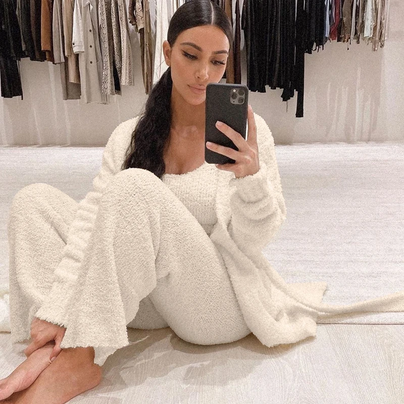 KimKarda Same Style Homewear Set Pajamas For Women Casual Sleeveless Tops and Long Pants Cozy Cardigan Fluffy INS Sleepcoat Suit