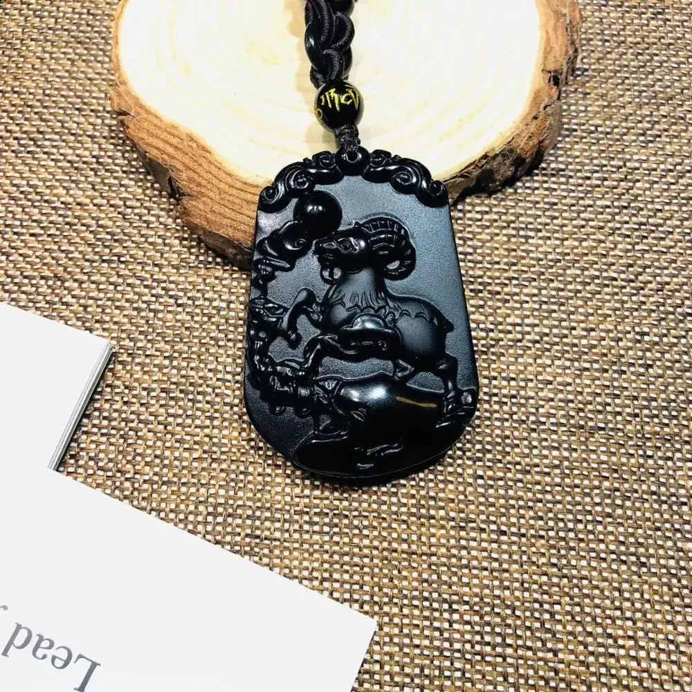 Natural obsidian Zodiac sheep pendant obsidian feather sheep pendant + with high-end sling