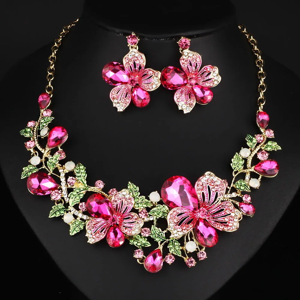 Fashion Wedding Jewelry Color Crystal Rhinestones Necklace Earrings set for Women Dubai Bridal Jewelry sets