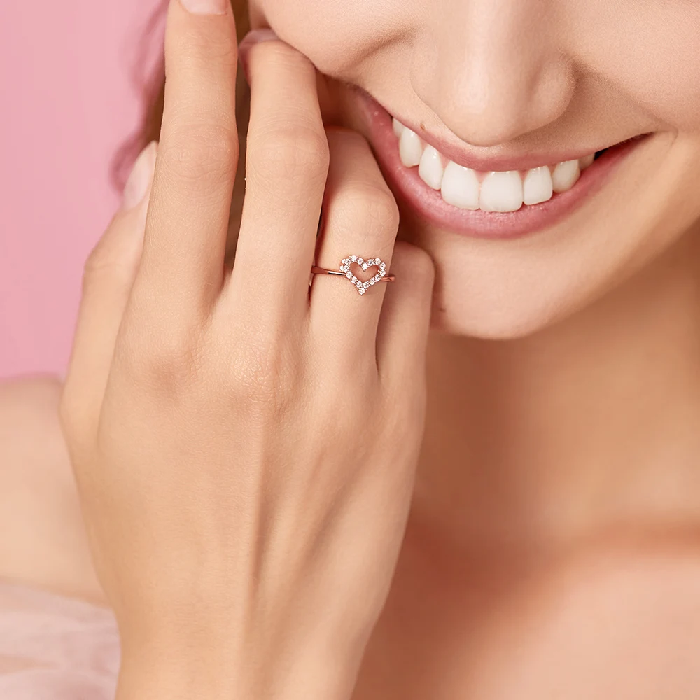 ATHENAIE Real 925 Sterling Silver Color Rose Gold Clear CZ Sparkling Heart Ring for Women Girl Wedding Finger Jewelry