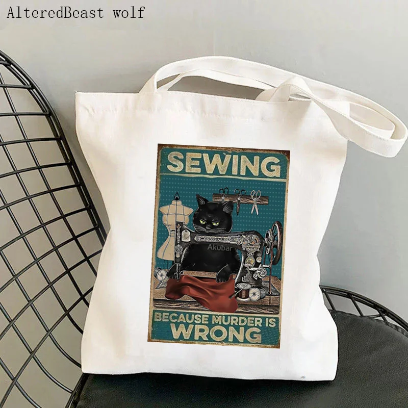 Women Shopper bag Black Cat Magical Things Kawaii Bag Harajuku Shopping Canvas Shopper Bag girl handbag Tote Shoulder Lady Bag
