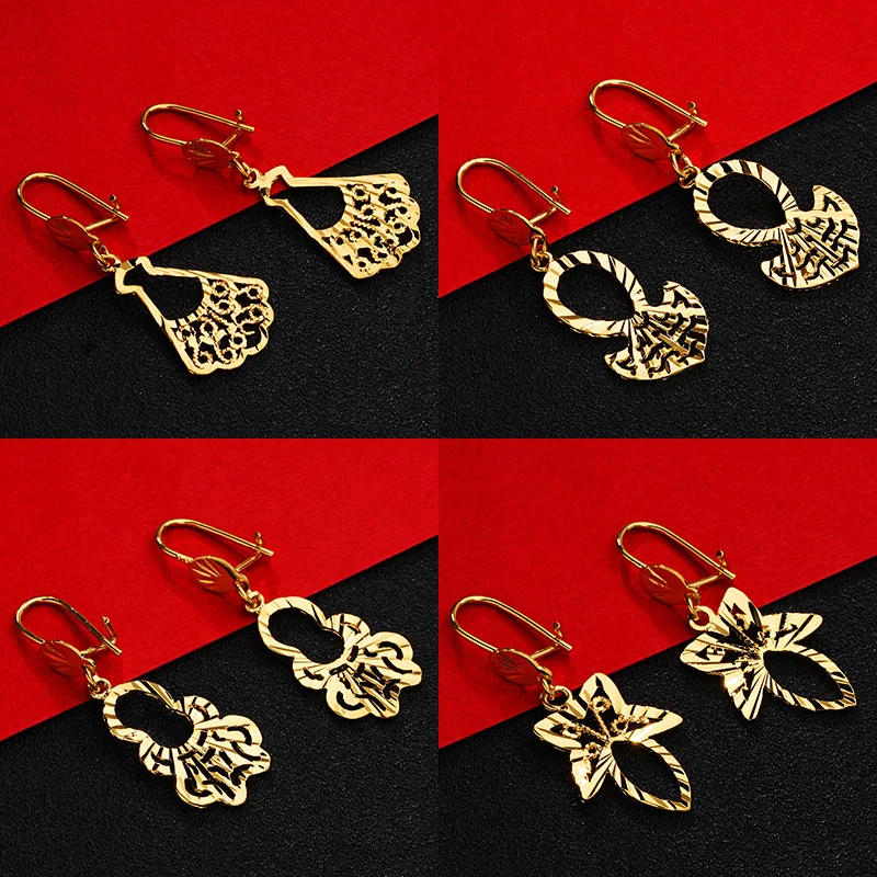 OMHXFC Wholesale European Fashion Woman Girl Party Wedding Gift 6 Designs Vintage Cut-Out 24KT Gold Drop Earrings ER67