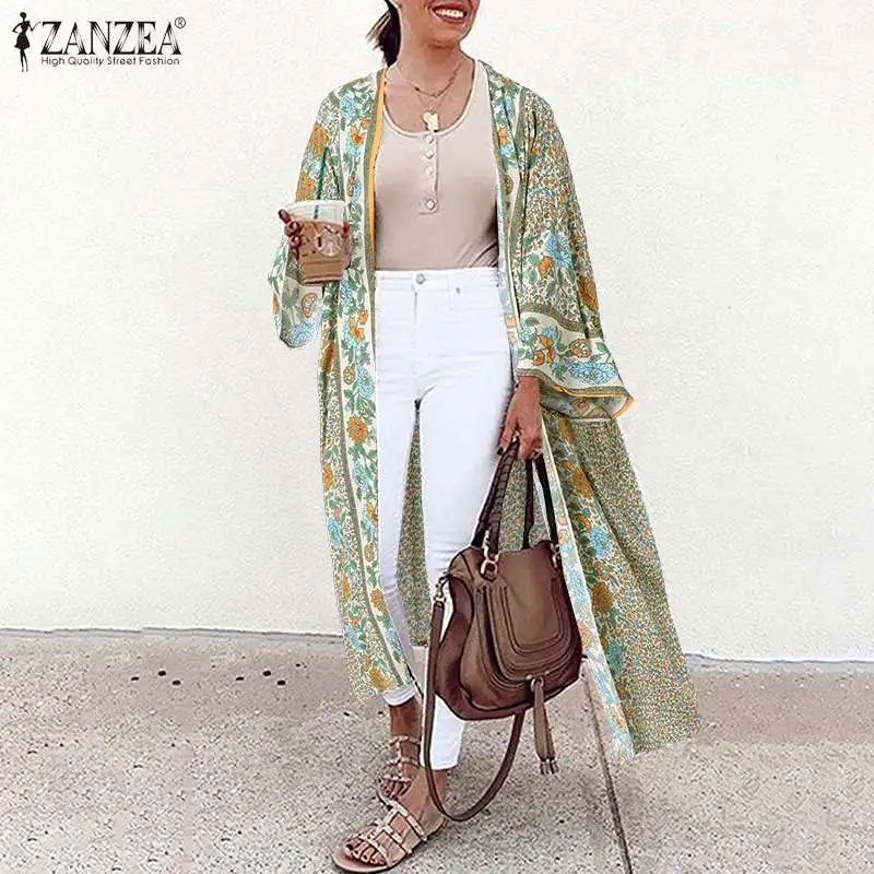 ZANZEA Summer Cardigan Kimono Women Bohemian Floral Printed Long Shirt Vintage Tops Casual Open Front Long Sleeve Beach Blouse