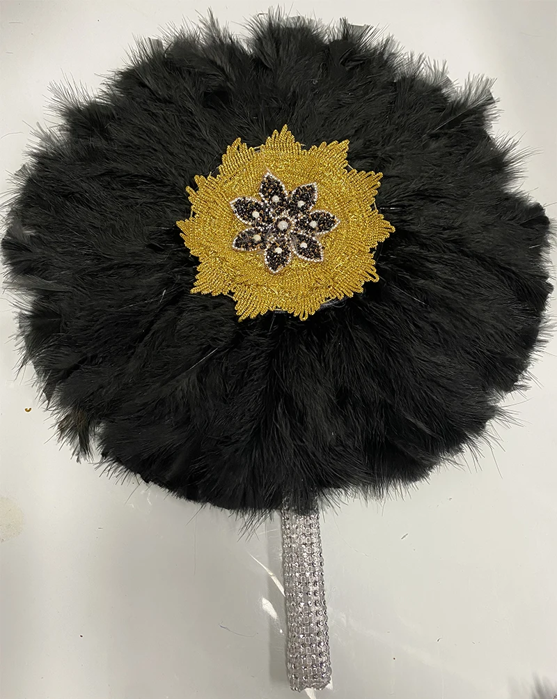 

African Turkey Feather Hand Fan, Handmade Fans for Party and Wedding Decoration, Stones, Double-sided, 1Pc Bag