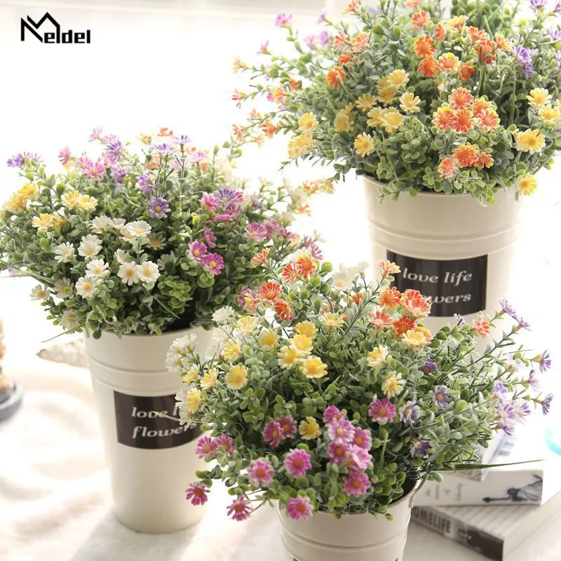 Meldel Aster Mini Bunch Pernikahan Plastik Buatan Bunga Buket Berkelompok Daisy Palsu Gerbera Dinding Rumah Pesta Pernikahan Dekorasi