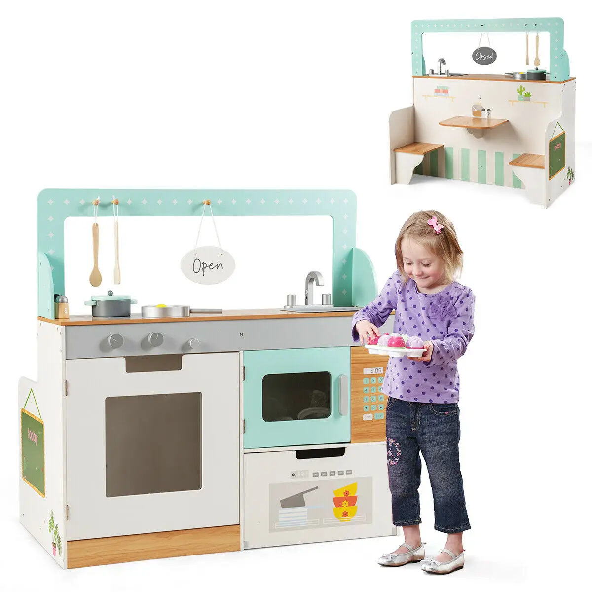 2 in 1 Kids Play Kitchen & Diner Restaurant Wooden Pretend Cooking Playset Toy  HW64636